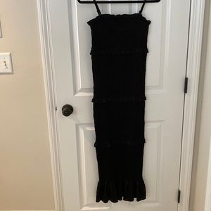 Pink Blush Black Satin Smocked Fitted Maternity Midi Dress